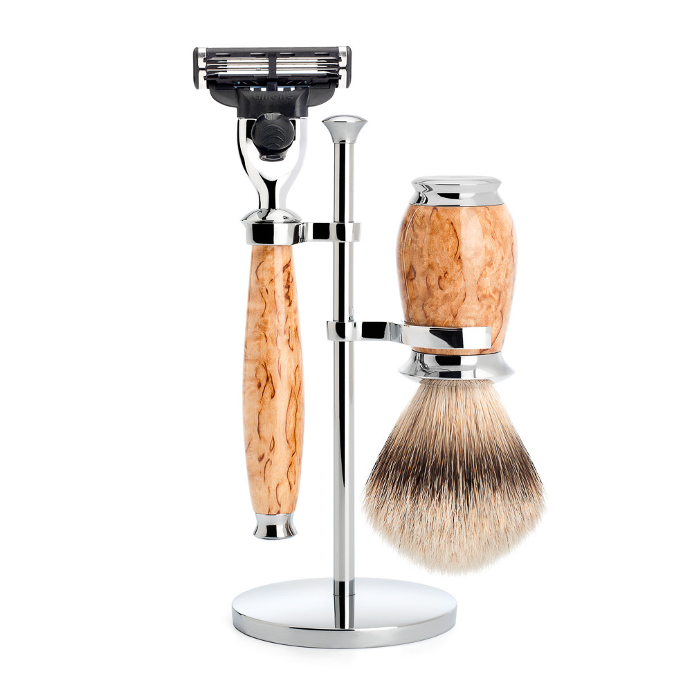 M? Hle Barbersæt Med Mach3 Skraber  Barberkost Og Holder  Purist  Karelian Burl Birk